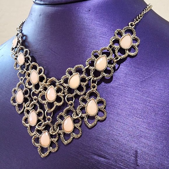 Gold Flower Faceted Light Pink Teardrop Accent Statement Bib Necklace - Picture 2 of 8